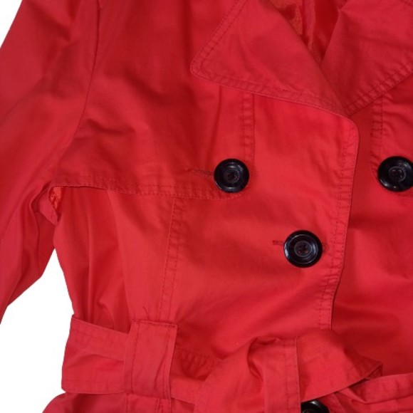 Size 12 Red Mid Thigh Length Belted Trench Coat - Picture 6 of 10